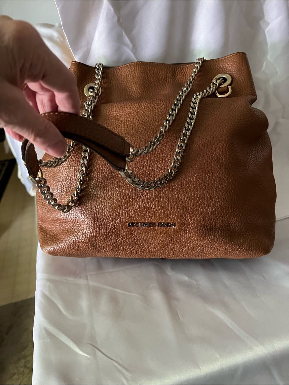 Michael Kors Cognac Pebbled Leather Crossbody Bag with Chain Straps - Picture 5 of 12